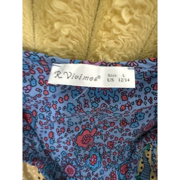 R. Vivimos Long Sleeve Bohemian Peacock Printed V-Neck Midi Dress Tassel Tie L - Picture 8 of 11